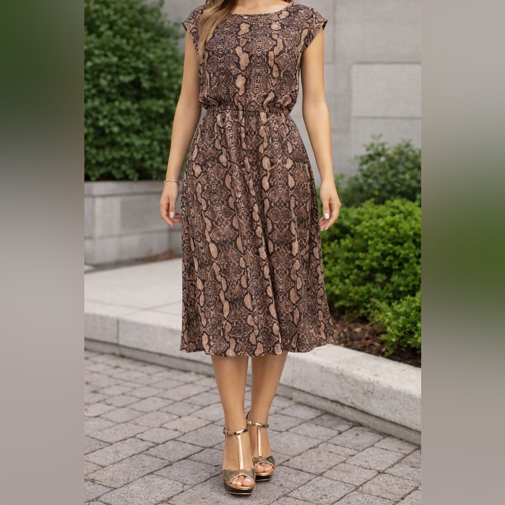 Chic Brown Snake Print Midi Dress with elastic waist band (size S can fit  M)